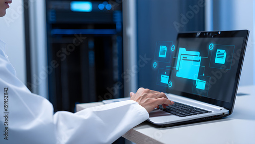 Woman in lab coat works on laptop with digital file icons, presenting data security in a medical setting.
