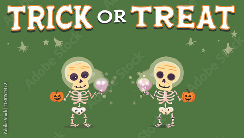 Two skeletons holding pumpkins and bubbles under the trick or treat text on green background