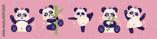 Set pandas in various poses with bamboo. Cute panda animal characters. Wildlife and Asian nature concept. Vector illustration in flat cartoon style isolated