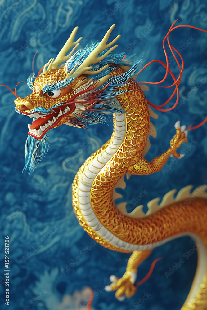 Fototapeta premium Majestic golden dragon sculpture with intricate details against a vibrant blue background