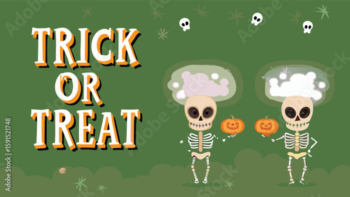 Two skeletons holding pumpkins with trick or treat text on a green halloween background scene