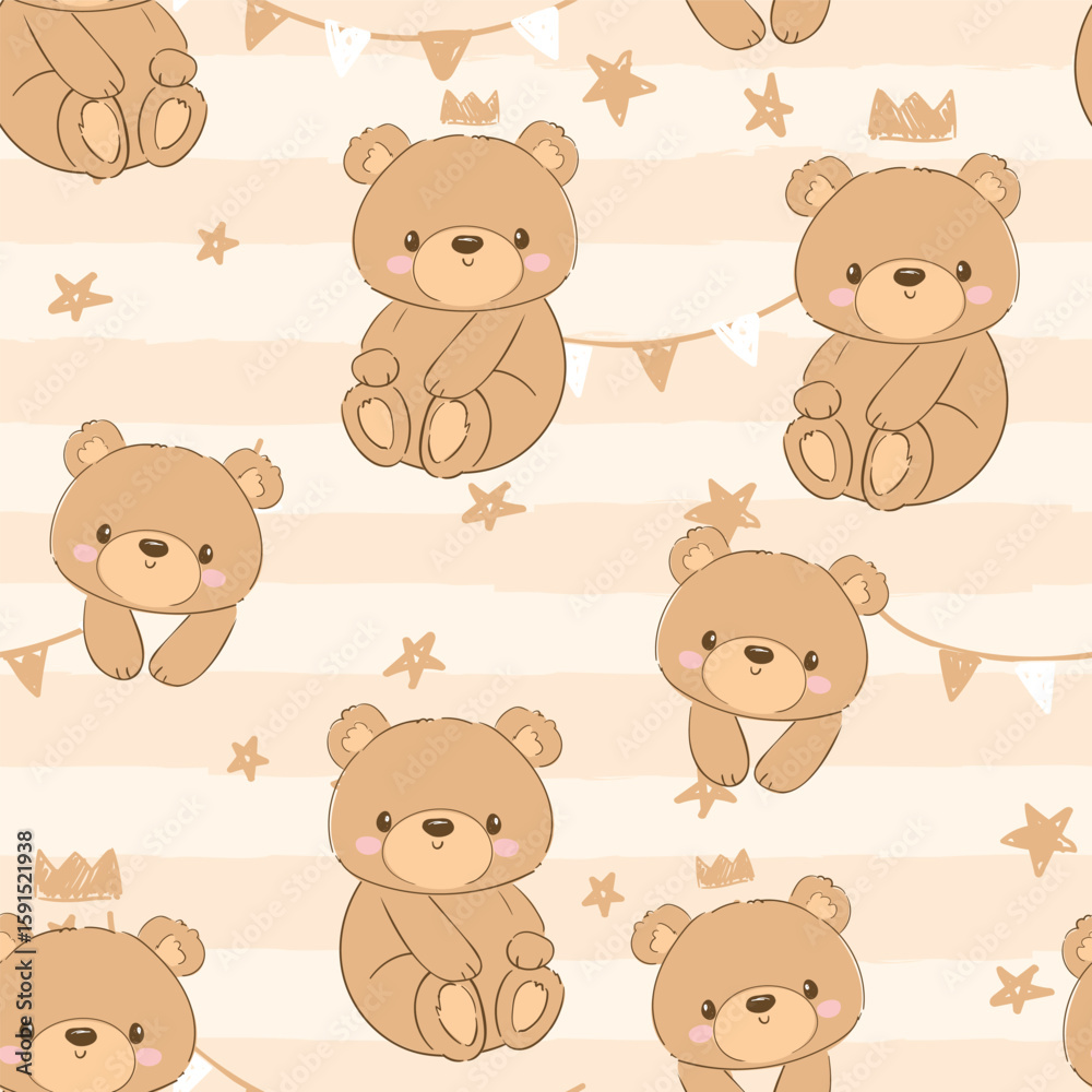 Fototapeta premium Cute Teddy Bear pattern seamless, vector illustration Hand Drawn Cute print design