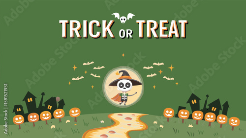 A halloween scene with trick or treat text, a skeleton, pumpkins, bats, and haunted houses is shown