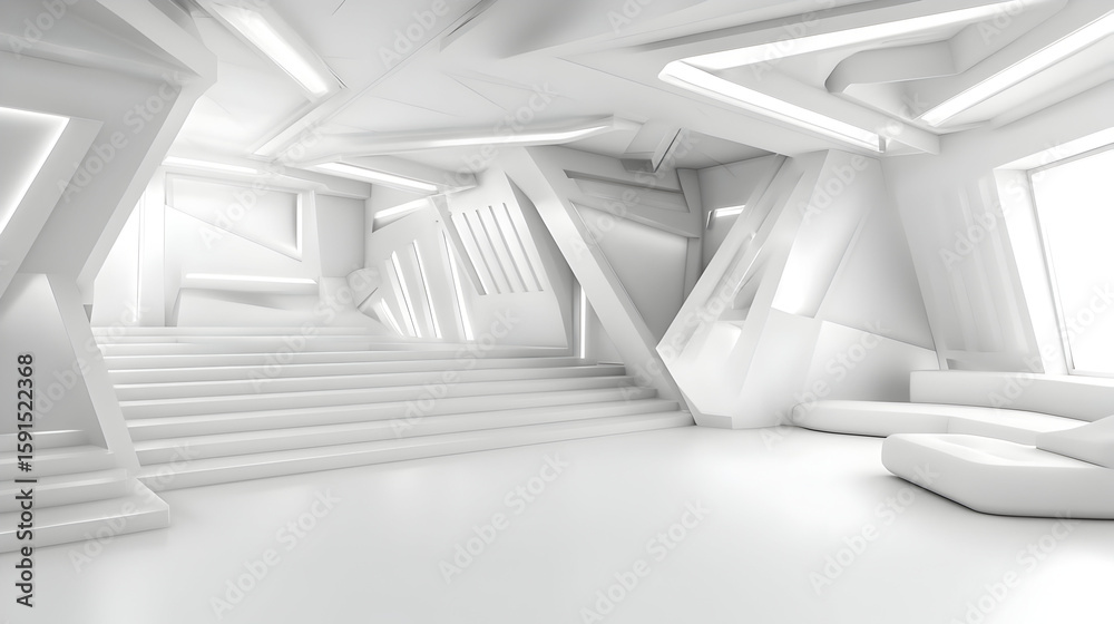 Obraz premium White, futuristic interior with angular shapes and lighting. Large open space with stairs and seating