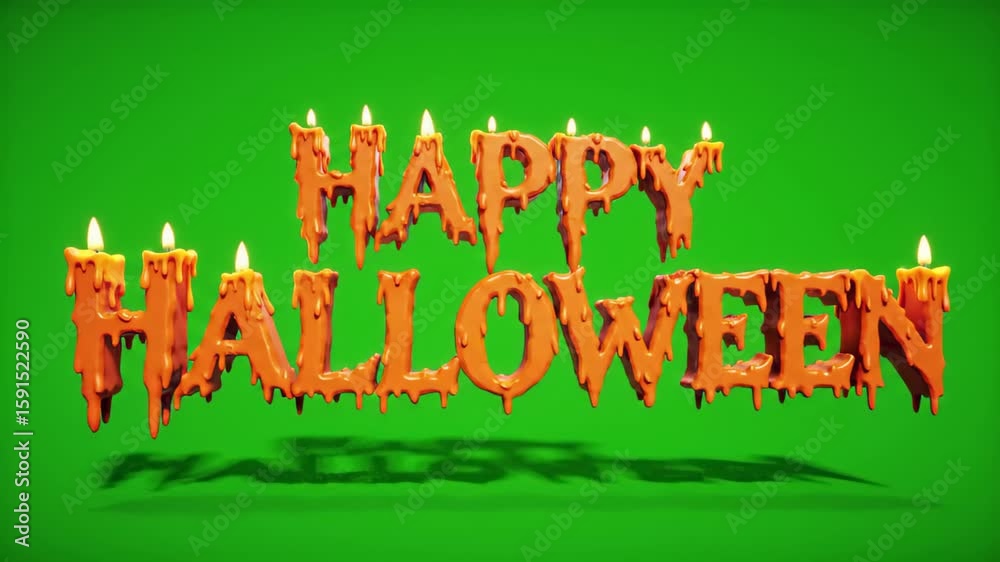 3D render of Happy Halloween title with flickering candle flames and a dripping wax effect, provided on a chroma key green screen for easy video compositing.
