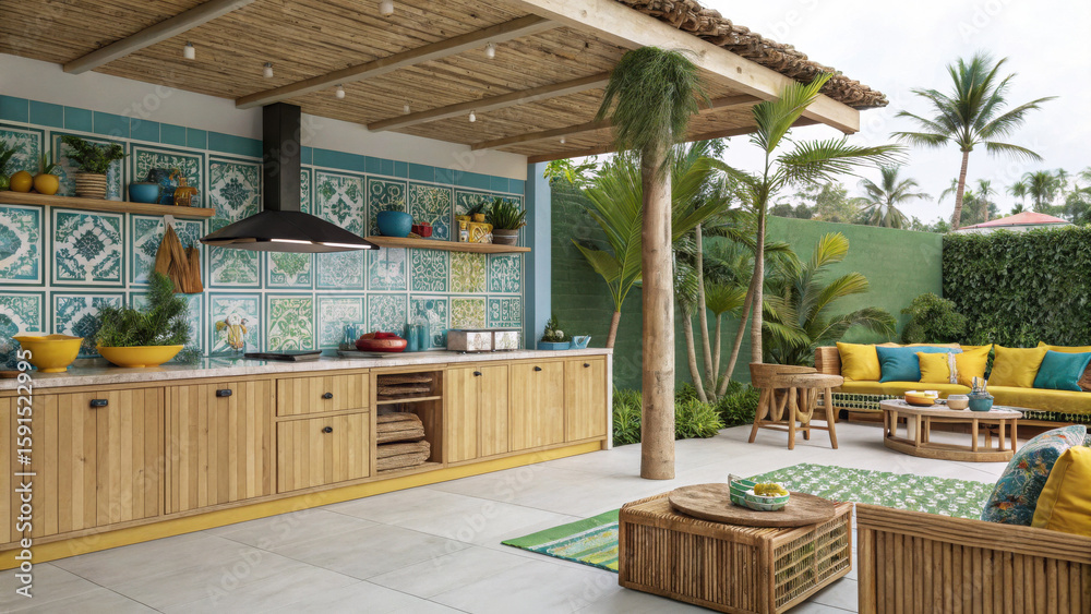Fototapeta premium Tropical open kitchen with bamboo and palms