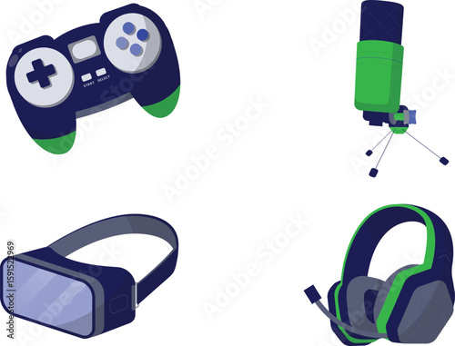 Ultimate game streaming icons, controller, mic, VR & headphones in sleek vector style for creators and streamers.