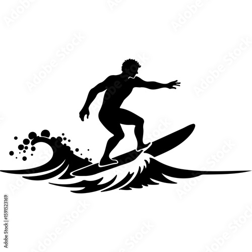 Sketchy emblem of surfer athlete on the crest of a wave. Engraving minimalistic vector in black ink drawing on transparent background