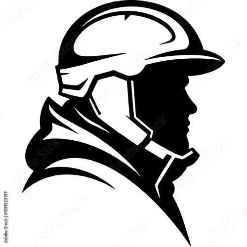 Sketchy emblem of mountain rescuer torso in protective gear side view. Engraving minimalistic vector in black ink drawing on transparent background