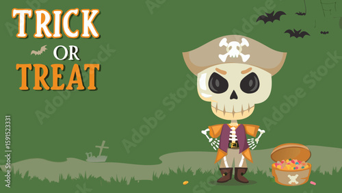 Cartoon halloween scene featuring a pirate skeleton with a treasure chest and trick or treat text