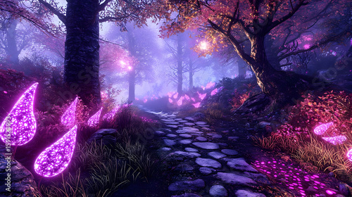 Mystical forest path glows with vibrant purple light,  teardrop-shaped crystals adorn the foliage