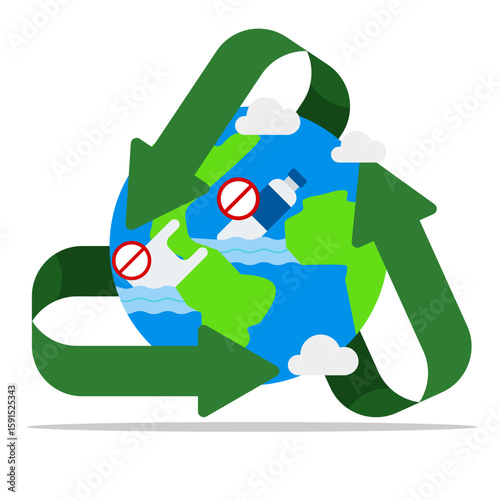 Ecology or renewable energy. Saving the world from climate change. Sustainable green movement with recycling symbol and no plastic bottles.