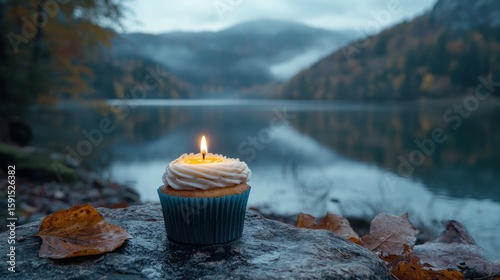 Cupcake with Candle on Rock by Lake and Mountains