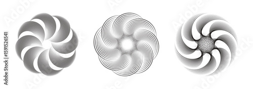 Vortex forms, abstract halftone dot pattern series, a geometric spiral stylish design elements, well-suited for framing, circular icons, signage, and symbols.