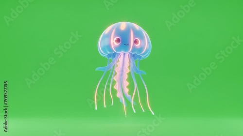 Animated Cartoon Jellyfish with Glowing Details Floating Against Green Background.