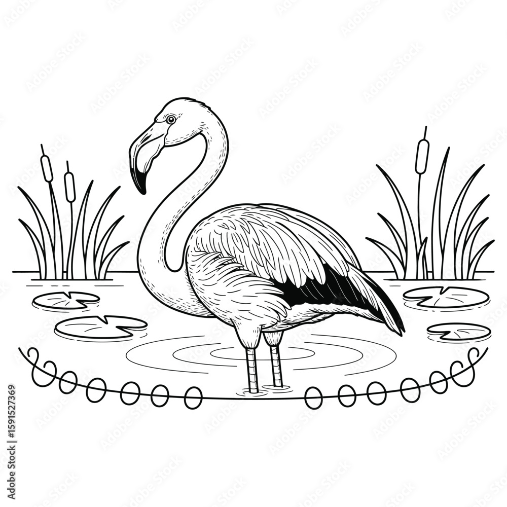 Fototapeta premium Black and White Flamingo in Water with Lily Pads and Reeds