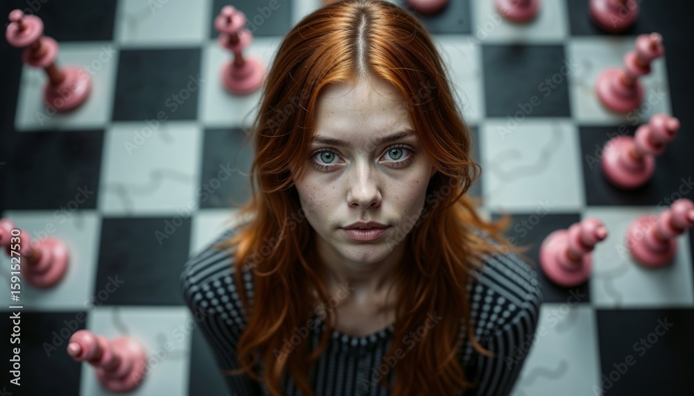 Fototapeta premium Young woman with red hair and striking eyes sitting on a chessboard surrounded by pink pawns