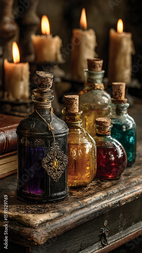 Wallpaper Mural Assorted vintage glass potion bottles with corks and candles Torontodigital.ca