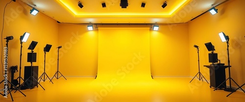 Bright yellow studio backdrop, walls and floor illuminated by soft lamps, texture, blank