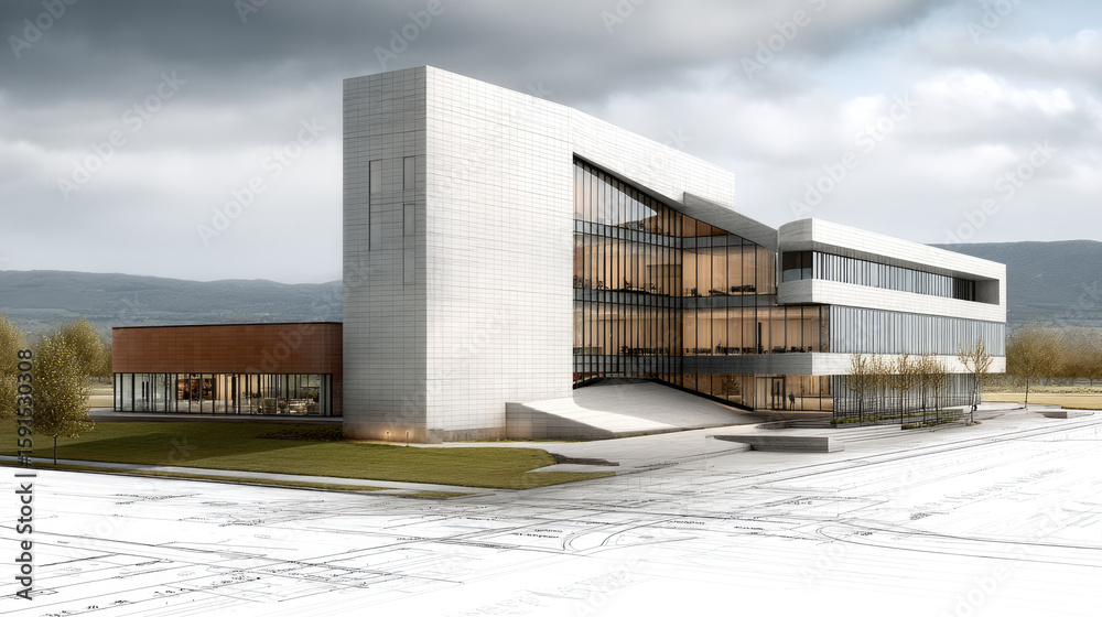 Obraz premium Modern office building architectural concept glass facade white exterior landscape cloudy sky innovative design urban planning
