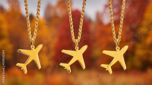 Airplane necklace jewelry with autumn leaves background