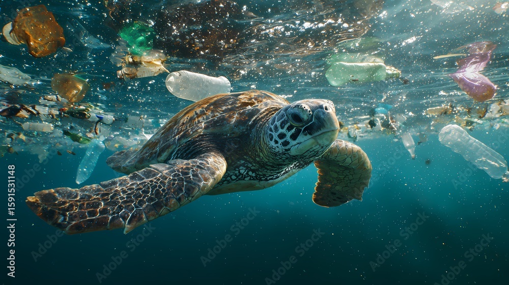 Fototapeta premium Sea turtle underwater surrounded by plastic bottles and marine debris