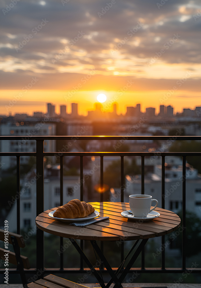 Fototapeta premium Cozy balcony or rooftop terrace with seating and city view at sunset