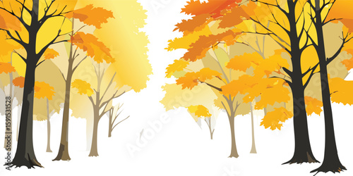 A serene forest scene in autumn, tall trees with golden-yellow leaves, dappled sunlight filtering through, soft fog settling, perspective from forest floor looking up, photorealistic 8K resolution