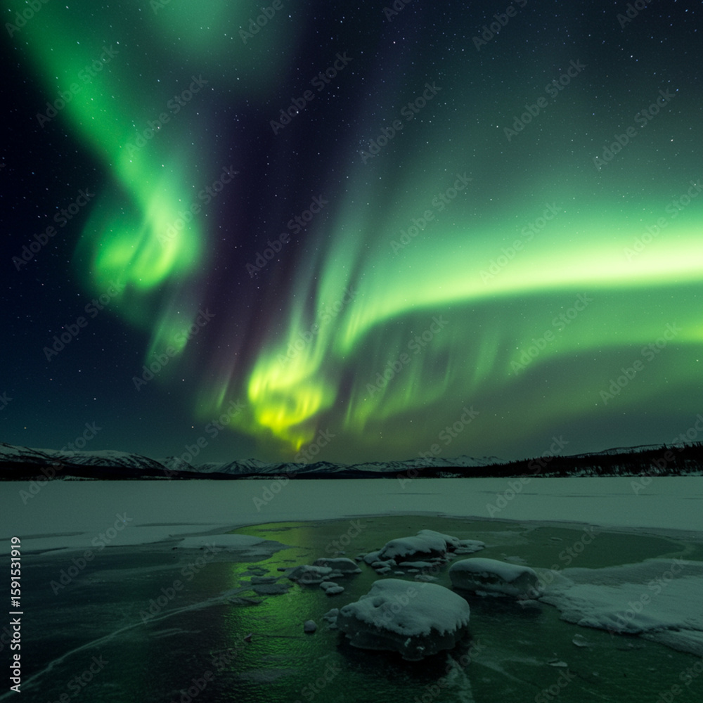 Naklejka premium Spectacular Northern Lights Display Over a Frozen Lake: Isolated Digital Art, 8k.