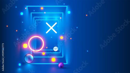 Fototapeta Naklejka Na Ścianę i Meble -  Abstract composition of neon geometric shapes in cyberspace. Background in the style of modern digital computer technology. Futuristic corridor or tunnel in virtual reality. Video gaming background.