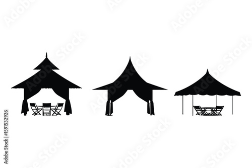 silhouette set of beach pavilions and resort huts