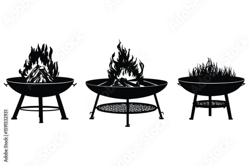silhouette set of outdoor fire pits with flame