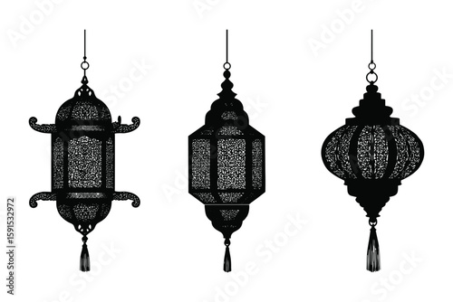 silhouette set of hanging vintage lanterns