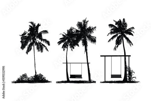 silhouette set of tropical hammocks and palm trees