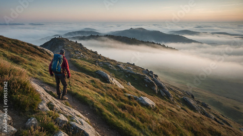 Lone Hiker Overlooking Foggy Mountain Landscape at Sunrise
