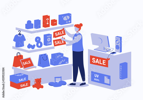 Woman Putting Up Sale Signs in a Store Red Hair Blue Clothes.