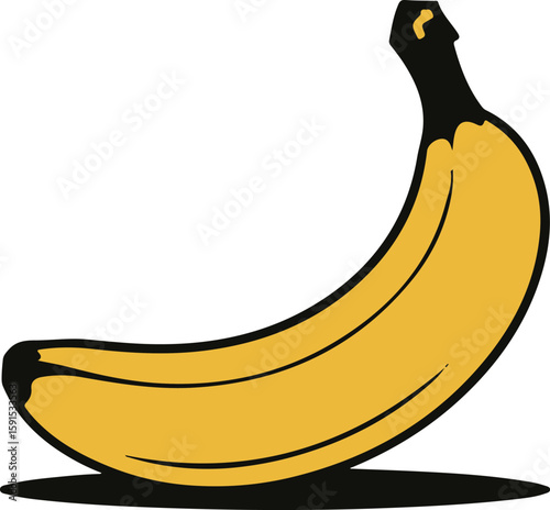 Yellow banana with black outline and shadow on white background fruit food