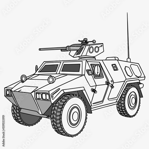 Armored vehicle with turret and antenna military transport