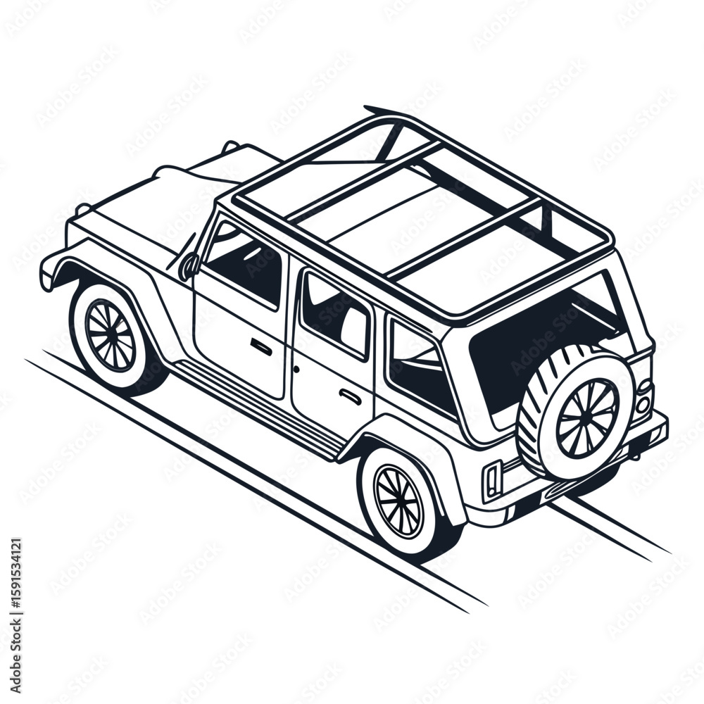 Fototapeta premium Black and white convertible S U V illustration convertible suv off road vehicle