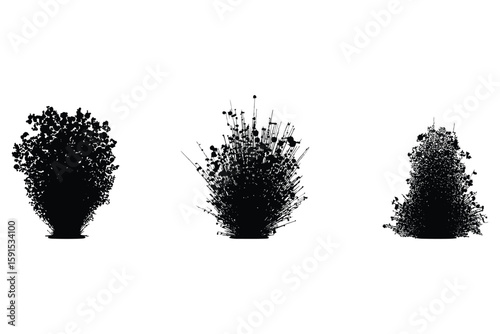black silhouette set of decorative shrubs and bush shapes