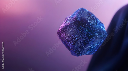 Floating cube, circuit board design, futuristic technology.  Detailed circuit patterns on a cube-shaped object, illuminated by vibrant purple and blue hues.  Blurred background emphasizes the object
