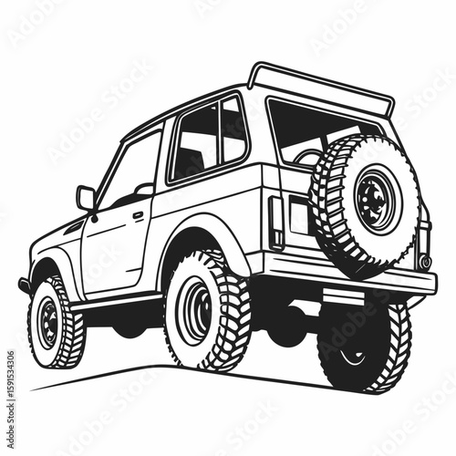 Black and white illustration of a compact off road vehicle with large tires compact SUV