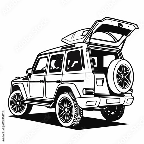 Black and white illustration of a luxury S U V with open trunk luxury suv convertible