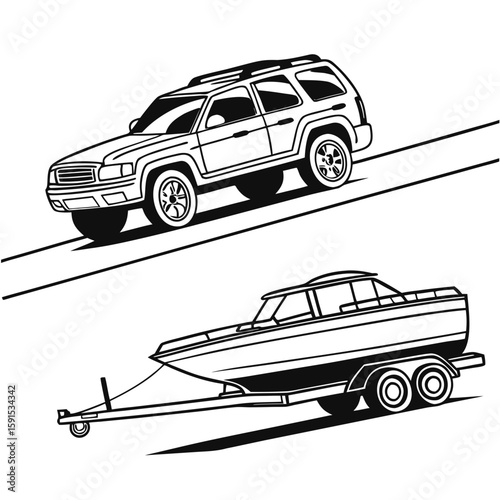 Black and white illustration of S U V towing boat trailer transportation