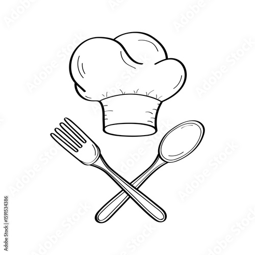 Spoon fork and chef's hat doodle icons. Kitchen chef design logo template. Vector illustration on a white background.