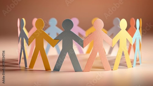 Paper cutout team holding hand in circle creates positive social impact through community unity and support