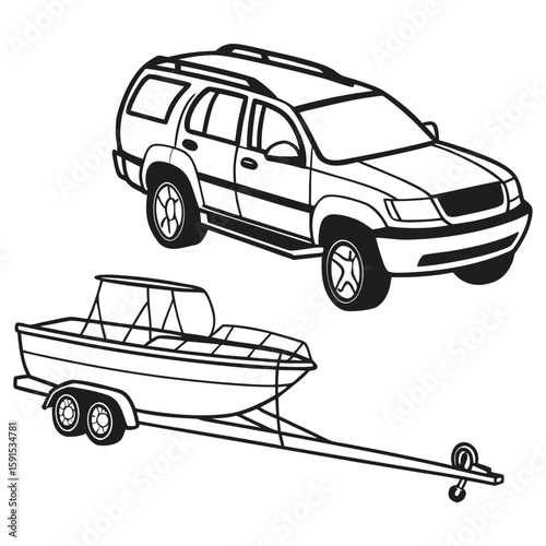 Black outline S U V towing boat on trailer transportation