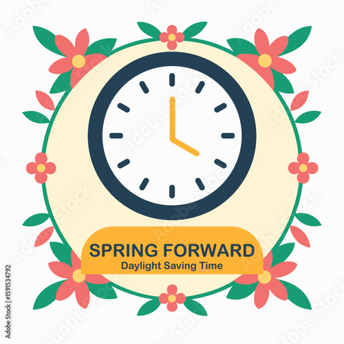 Spring forward daylight saving time illustration with clock and floral wreath design.