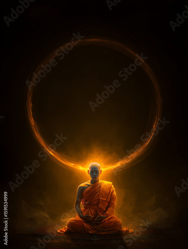 Mystical Digital Art of Monk Meditation with Glowing Aura and Halo