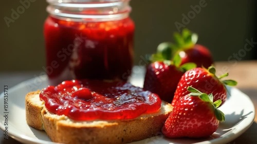 A slice of bread topped with strawberry jam sits on a plate. Fresh strawberries are placed beside the bread. A jar of strawberry jam is in the background.
